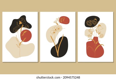 Set of three abstract botanical posters, vector illustration