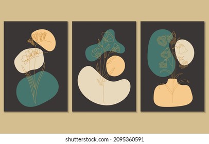 Set of three abstract botanical posters, vector illustration