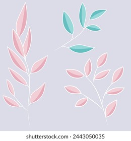 Conjunto de tres ramas abstractas con hojas moradas. Elementos botánicos de colores inusuales. Ilustración vectorial plana.