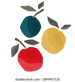 Conjunto de tres manzanas abstractas minimalistas brillantes sobre un fondo blanco.Ilustración vectorial plana de color moderno. Adecuado para publicidad de alimentos saludables, recetas, diseños web.