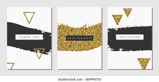 A Set Of Three Abstract Brush Stroke Designs In Black, White And Gold Glitter Texture. Invitation, Greeting Card, Poster Design Templates.