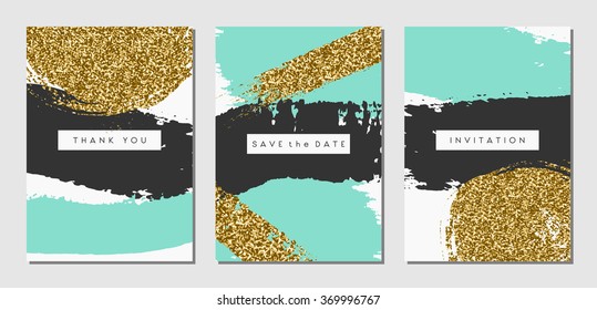 A Set Of Three Abstract Brush Stroke Designs In Black, Turquoise And Gold Glitter Texture. Invitation, Greeting Card, Poster Design Templates.