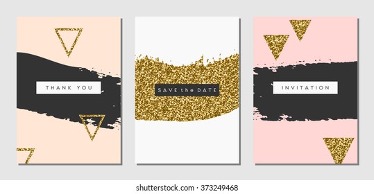 A set of three abstract brush stroke designs in black, white, pink and gold glitter texture. Invitation, greeting card, poster design templates.