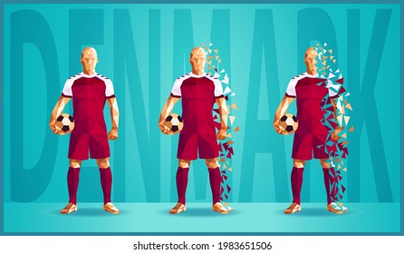 set of three abstract cartoon soccer players, team Denmark, isolated on a blue background, vector illustration