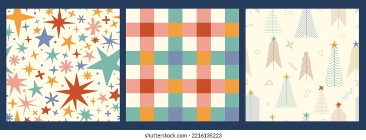 Set of three abstract Christmas Vector Seamless Patterns. Modern hand drawn colorful illustrations. Wrapping paper with Stars, Christmas trees, checkered