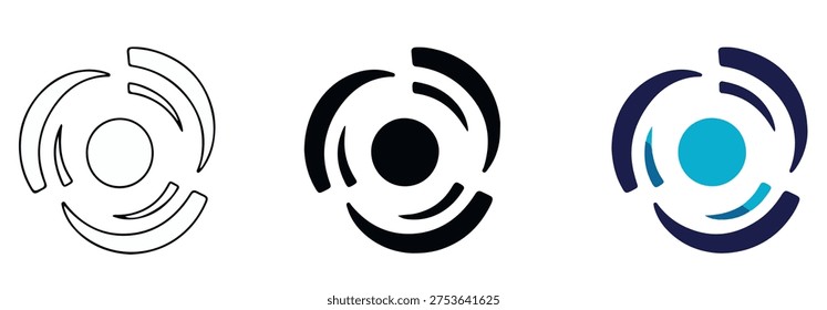 Set of three abstract circular icons including outlined version solid black version and colorful design with cyan center plus dark blue and purple segments simple motif for branding and visual identity