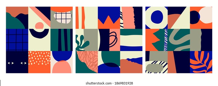 Set of three Abstract colorful Backgrounds, Patterns. Hand drawn doodle shapes, spots, drops, curves, lines. Contemporary modern trendy Vector illustration. Patchwork concept. Poster, print template