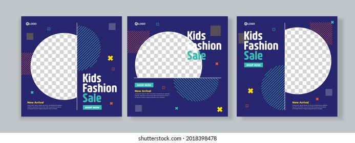 Set of three abstract colorful memphis background of kids fashion sale banner social media pack with blue yellow pink color template premium vector