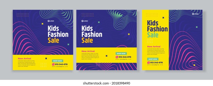 Set of three abstract colorful memphis background of kids fashion sale banner social media pack with blue yellow green color template premium vector