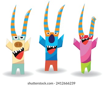 Set of three abstract comical monsters with colorful horns  short legs and raised hands;  colorful horned creative monsters