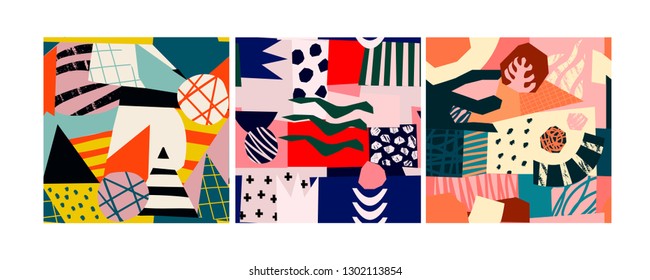 Set of three abstract contemporary seamless patterns. Hand drawn various shapes. Modern patchwork illustration in vector. Every pattern is isolated