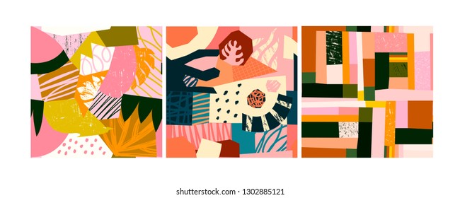 Set of three abstract contemporary seamless patterns. Hand drawn various shapes. Modern patchwork illustration in vector. Every pattern is isolated. Perfect for textile prints