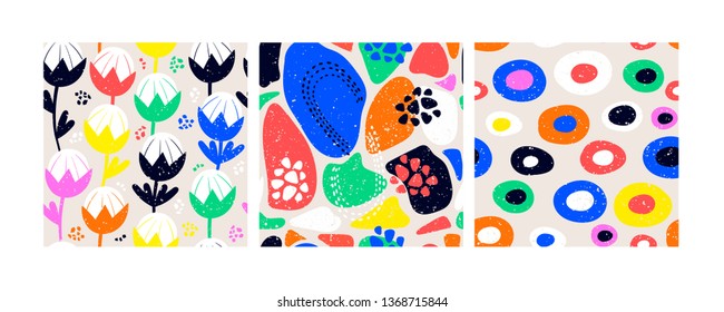 Set of three abstract contemporary seamless patterns. Hand drawn various shapes and flowers. Modern trendy vector illustration. Bright neon colors. Every pattern is isolated. Perfect for textile print