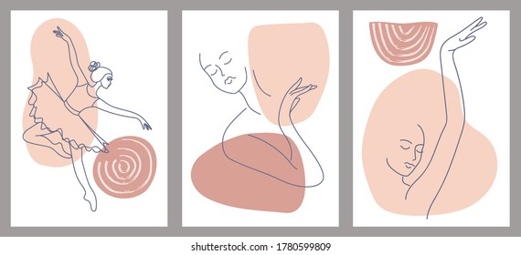 Un conjunto de tres retratos femeninos de contorno abstracto. Silhouettes moderno dibujado a mano. Punto de color. Color pastel. Ilustración vectorial de moda, concepto minimalista.