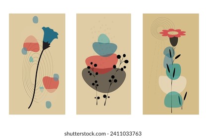 Set of three abstract designs with flowers, stones and lines on a beige background. Vector illustration for wall decor, covers, postcard 