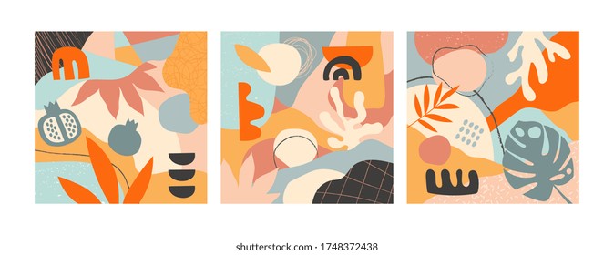 Conjunto de tres diseños abstractos de plantas, hojas y frutos en tonos de naranja y gris en un tríptico panorámico, ilustración vectorial de color