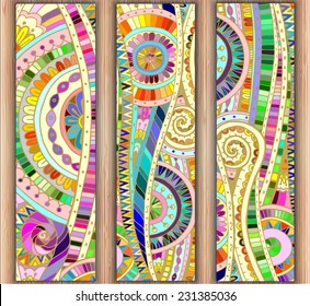 Set of three abstract doodle ethnic tribal hand drawn vector cards on wood background. Paisley batik background. Series of template frame design for card. Pattern with geometric mosaic elements.