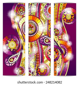 Set of three abstract doodle ethnic tribal hand drawn vector cards on wood background. Paisley batik background. Series of template frame design for card. Pattern with geometric mosaic elements.