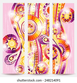 Set of three abstract doodle ethnic tribal hand drawn vector cards on wood background. Paisley batik background. Series of template frame design for card. Pattern with geometric mosaic elements.