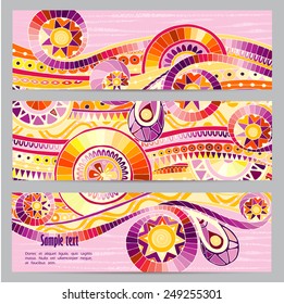 Set of three abstract doodle ethnic tribal hand drawn vector cards on wood background. Paisley batik background. Series of template frame design for card. Pattern with geometric mosaic elements.