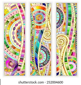 Set of three abstract doodle ethnic tribal hand drawn vector cards on wood background. Paisley batik background. Series of template frame design for card. Pattern with geometric mosaic elements.