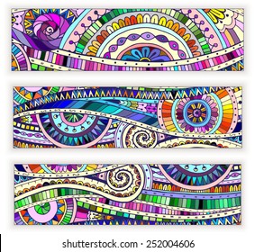 Set of three abstract doodle ethnic tribal hand drawn vector cards on wood background. Paisley batik background. Series of template frame design for card. Pattern with geometric mosaic elements.