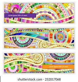 Set of three abstract doodle ethnic tribal hand drawn vector cards on wood background. Paisley batik background. Series of template frame design for card. Pattern with geometric mosaic elements.