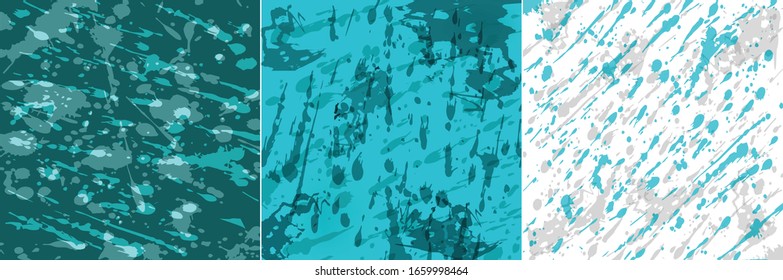 Set of three abstract dynamic backgrounds with drops of water, rain or snow. Backgrounds of blue and turquoise shades. Vector. EPS10.