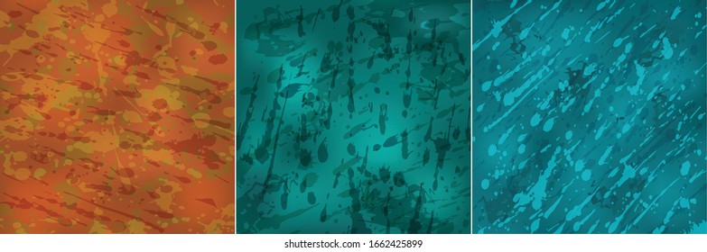 Set of three abstract dynamic backgrounds with drops of water, rain or snow. Backgrounds of blue and turquoise shades. Vector. EPS10.