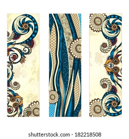 Set of three abstract ethnic hand drawn vector cards. Series of image Template frame design for card.