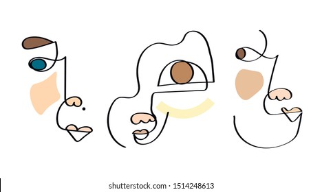 Set of three abstract face one line drawing. Portrait minimalistic style. Fine one line drawing abstract face. One line drawing abstract faces. Modern continuous line art