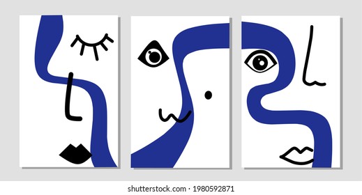 Set three of abstract face wall art. Surreal face wall decor. Vintages female portrait wall Decorations.