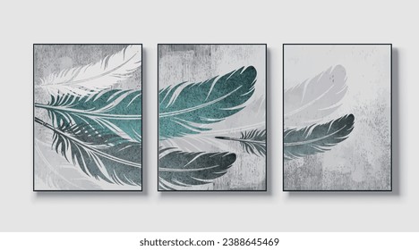 Set of three abstract feather hand drawn illustrations for wall decoration, wallpaper, poster, card, mural, rug, hanging picture, print