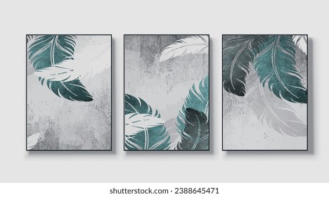 Set of three abstract feather hand drawn illustrations for wall decoration, wallpaper, poster, card, mural, rug, hanging picture, print