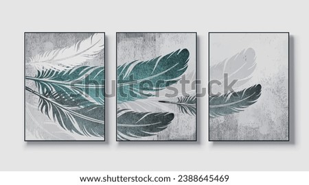 Set of three abstract feather hand drawn illustrations for wall decoration, wallpaper, poster, card, mural, rug, hanging picture, print