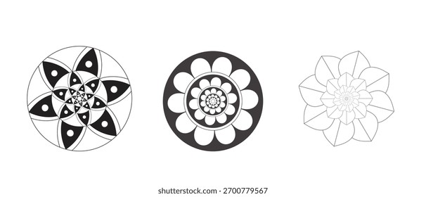 Set of three abstract floral patterns in black and white design
