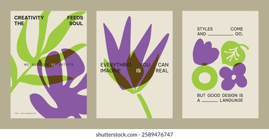 Set of three abstract floral posters with purple and green designs. Creative, modern, and vibrant. Ideal for artistic and contemporary decor. Creative floral poster template vector set.