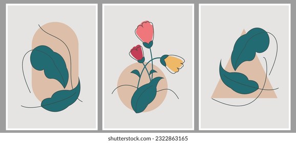 Tres flores abstractas y hojas de arte mural moderno. Bonita decoración en las paredes. Flores abstractas y hojas de las decoraciones de las paredes.