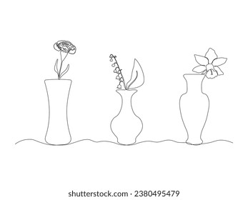 Conjunto de tres jarrón de flores abstractas con narciso de flores, clavel, lirio del valle, dibujo continuo de una línea de arte