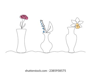 Set of three abstract flower vase with flower narcissus, carnation, lily of the valley, continuous One line art drawing