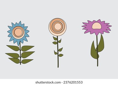 Set of three abstract flowers in cartoon style. Vector illustration for decorating children's things, dishes, textiles, cards
