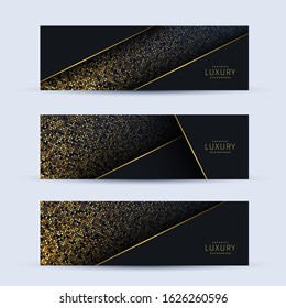 Set of three abstract geometric banners with black paper layers. Graphic design element. Gold glitter texture on black background. Vector card of carbon sliced shapes golden glittering dots texture.