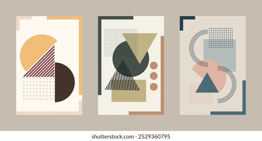 a set of three abstract geometric designs with shades of beige, brown, black, and soft pastels, creating a minimalistic and modern aesthetic.