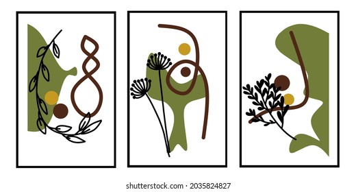 Set three of abstract Geometric and Flower wall art. Bontanical flowers wall decor. Green and yellow wall Decorations.