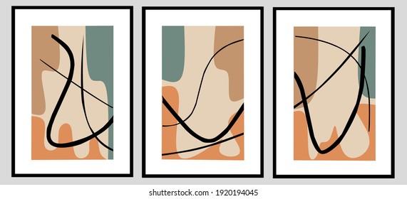 Set three of abstract Geometric mid century modern wall art. Neutral color wall decor with Minimalist design concept. Vector Ilustration for home decorations.