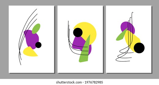 Set three of abstract Geometric mid century modern wall art. Geometry wall decor. Minimalist wall Decorations. Vector Ilustration.
