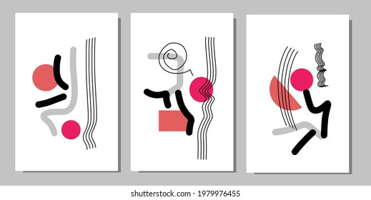 Set three of abstract Geometric mid century modern wall art. Geometry wall decor. Minimalist design concept of vector Ilustration wall Decorations.