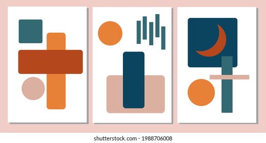 Set three of abstract Geometric mid century modern wall art. Geometry wall decor. Minimalist pastel wall Decorations. Poster, social media, invitation, greetings cards, wallpaper.