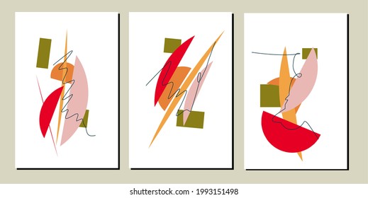 Set three of abstract Geometric modern wall art. Geometry shapes wall decor. Colorful messy Geometric wall Decorations. Greetings cards invitation background Wallpaper poster social media.