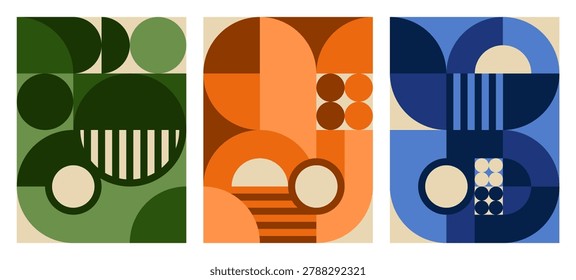 Set of three abstract geometric poster mid-century style. Bauhaus inspired background with circle shape and stripe line in vintage tone. Suitable for wall art, interior decor. Vector illustration
